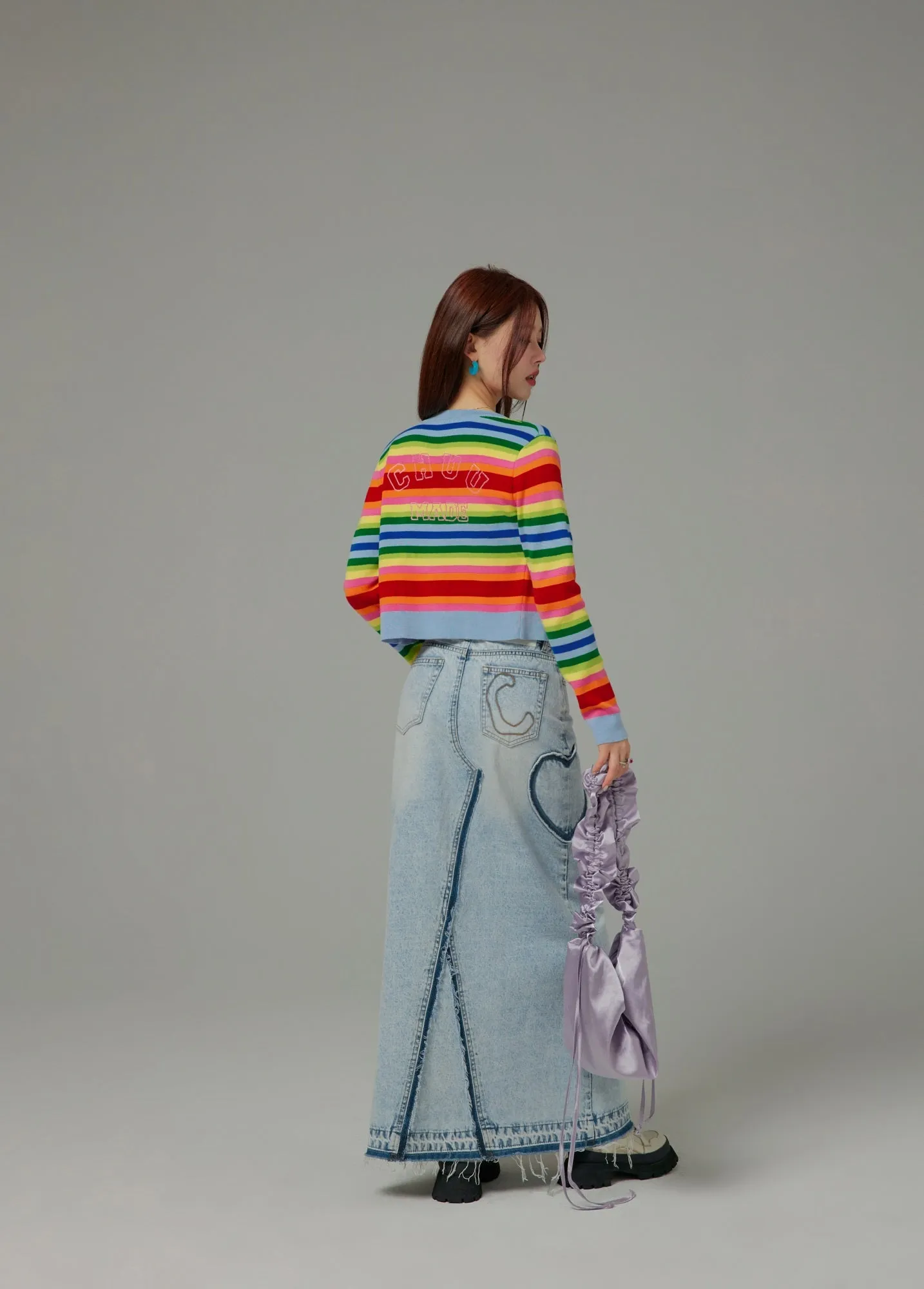 Rainbow Stripes Knit Button Cropped Cardigan