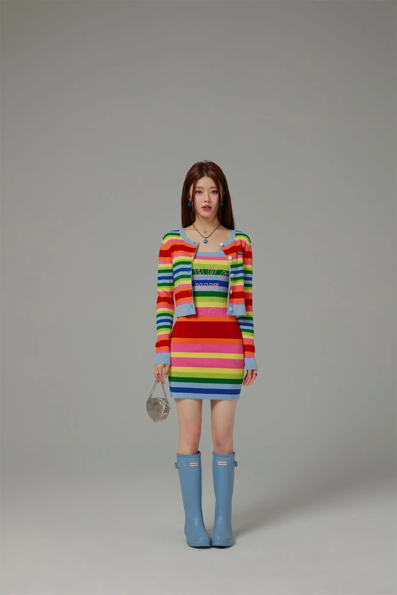 Rainbow Stripes Knit Button Cropped Cardigan