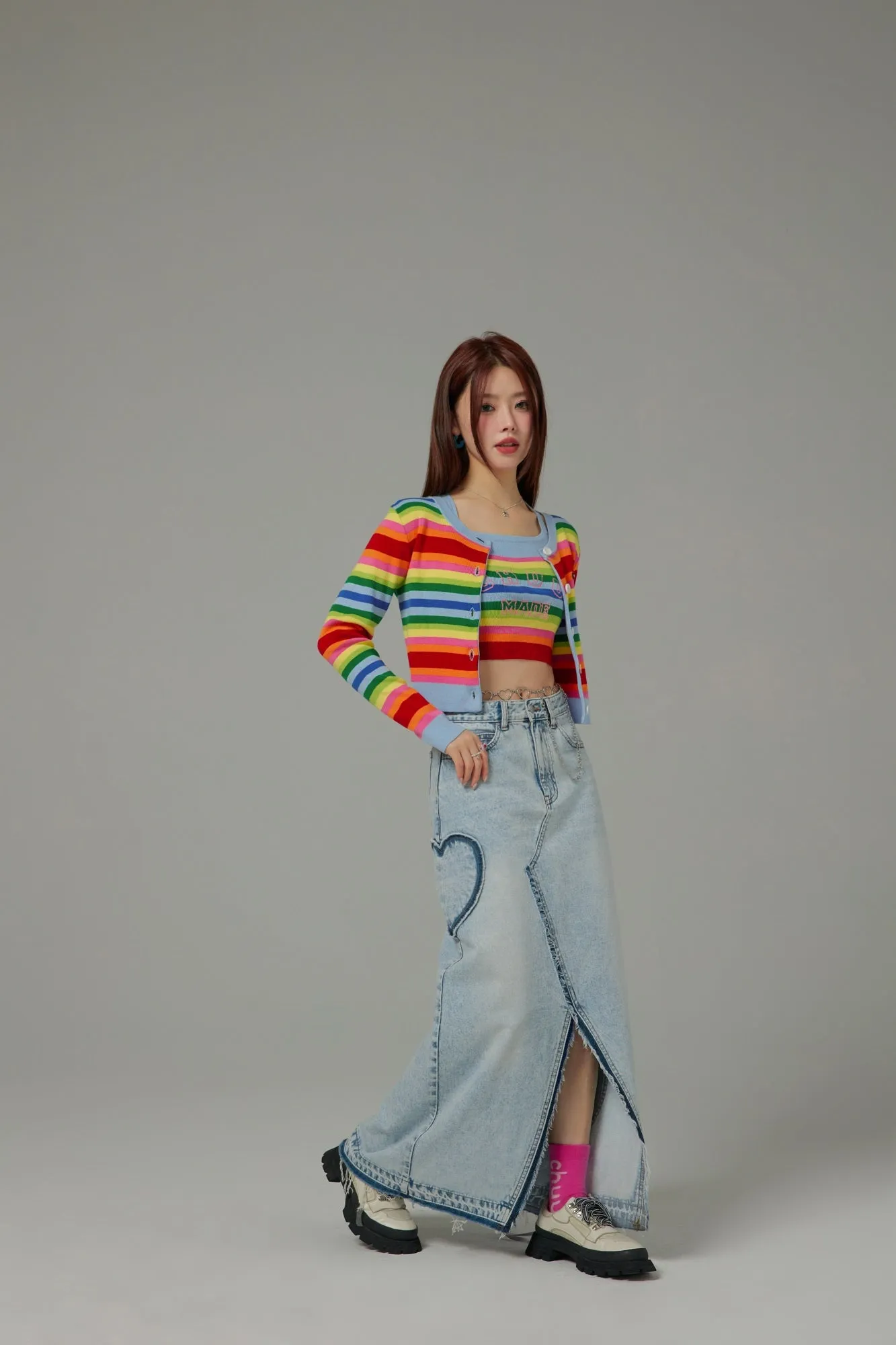 Rainbow Stripes Knit Button Cropped Cardigan