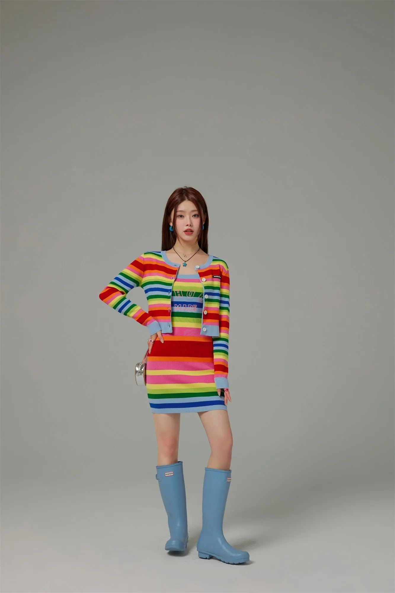 Rainbow Stripes Knit Button Cropped Cardigan