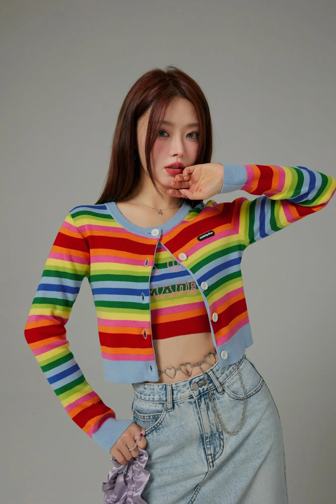 Rainbow Stripes Knit Button Cropped Cardigan