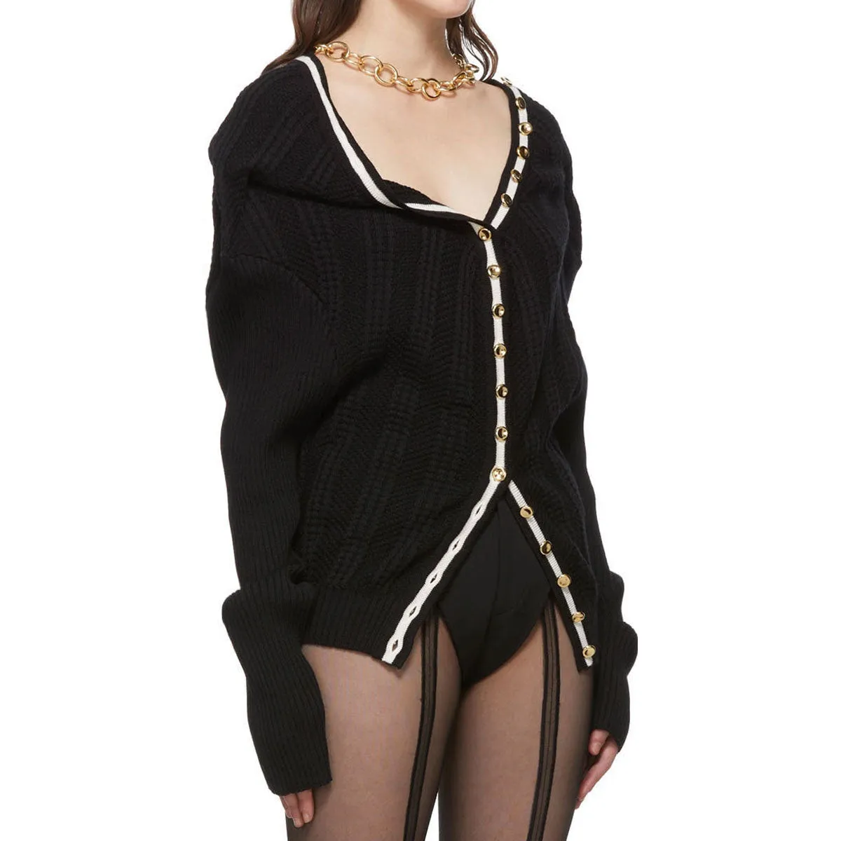 Rebellious Chain Link Stripe Sailor Collar Wool Blend Rib and Cable Knit Cardigan