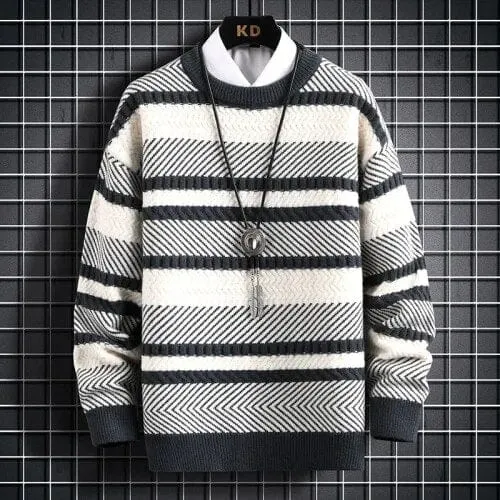 Serenity Stripe Pattern Sweater - Elevate Your Style: Knitted Thickened Pullover Vintage O-Neck Winter Sweater