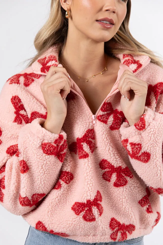 What Fun It Is Pink Bow Print Sherpa Pullover