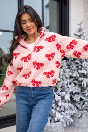 What Fun It Is Pink Bow Print Sherpa Pullover