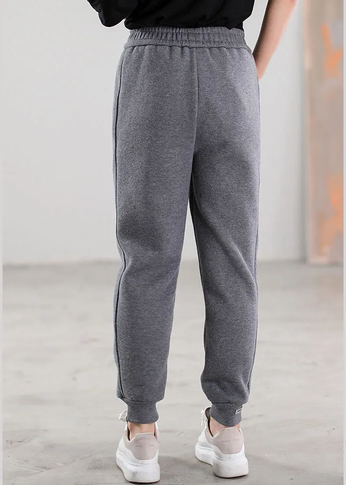 Women Grey Pockets Warm Fleece Casual Pants Winter